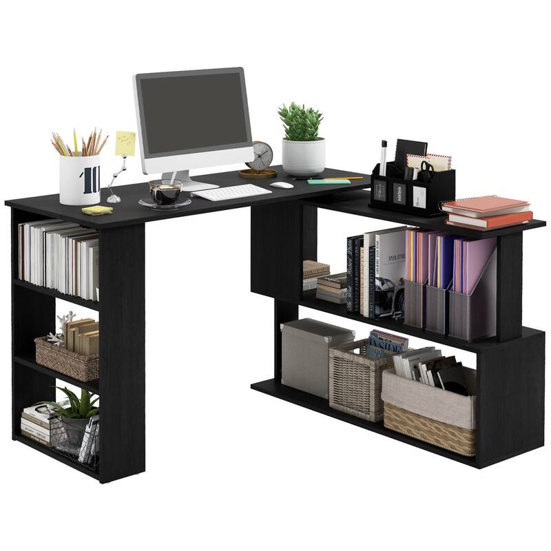 Modern 360-Degree Rotating L-Shaped Desk with Ample Storage Shelves and Durable Build for Small Spaces - Black