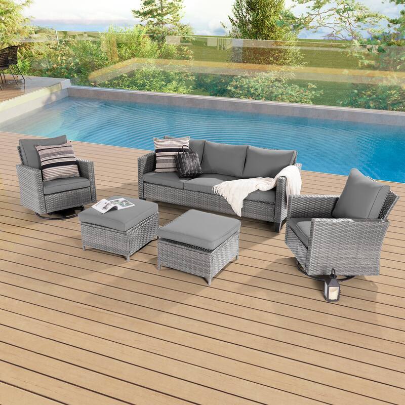 BONOSUKI 5-Piece Outdoor Brown/Gray PE Wicker Patio Conversation Sets, Swivel Rocking Sofa Set with Cushions and Ottomans - Gray Wicker Gray Cushion