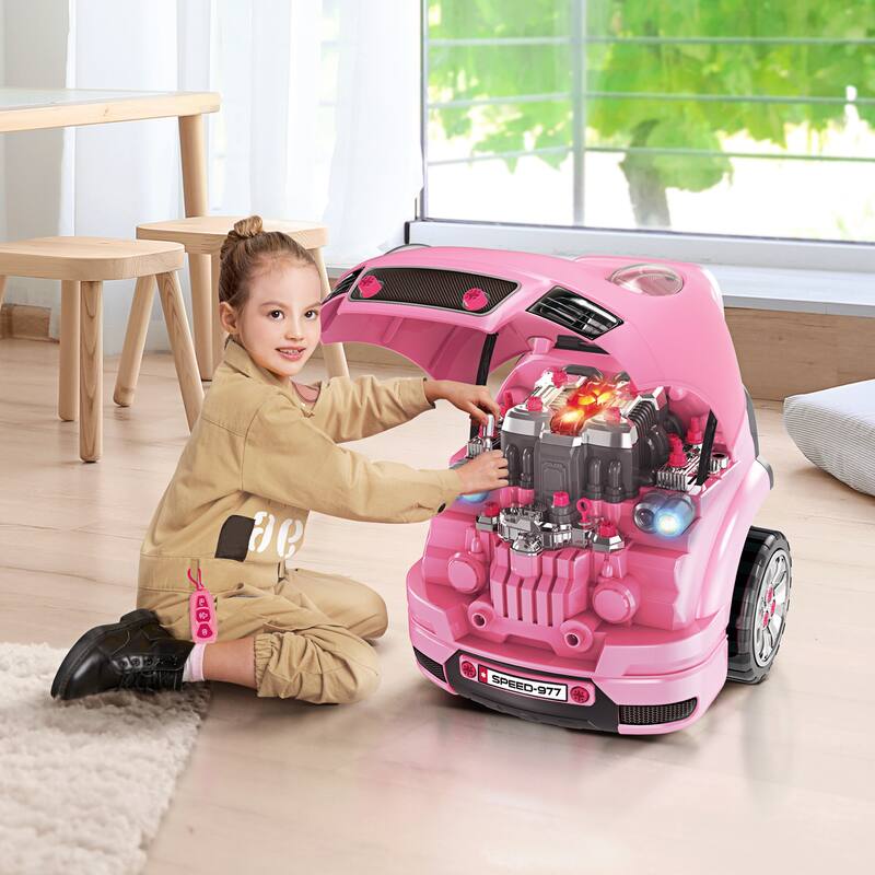 Mechanic Kids Truck Engine Toy Set, 61-Piece Car Service Playset with Steering Wheel and Horn for Boys & Girls Aged 3-5 Years