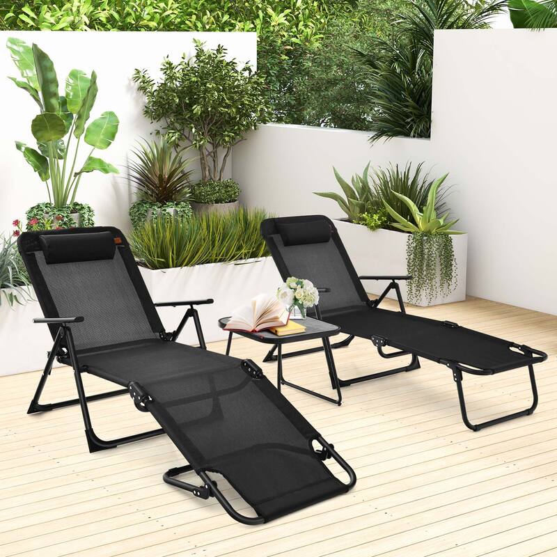 3PCS Folding Outdoor Chaise Lounge Set Recliner Chairs & Table Set