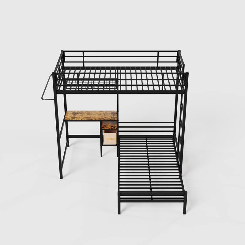 L-Shaped Twin Over Twin Bunk Bed with Desk, Storage Shelves & Safety Guardrail - Space Saving Metal Loft Bed for Teens & Adults