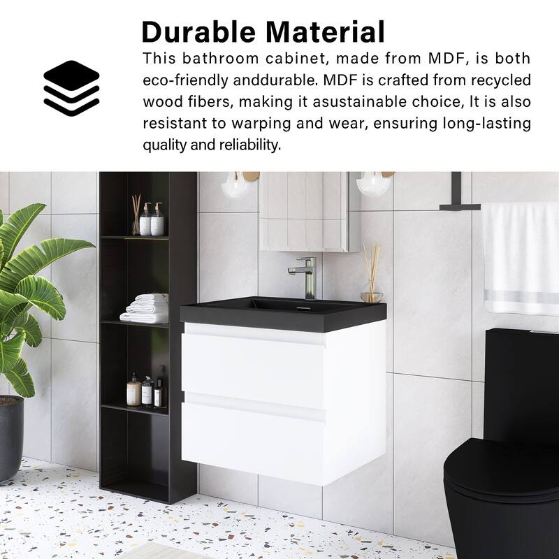 24/30/36 inch Wall-Mounted Bathroom Vanity Set in White with Integrated Black Resin Sink