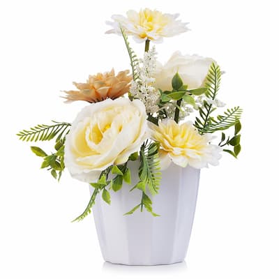 Enova Home Mixed Artificial Silk Peony and Dahlia Fake Flowers Arrangement in White Pot for Home Office Decoration