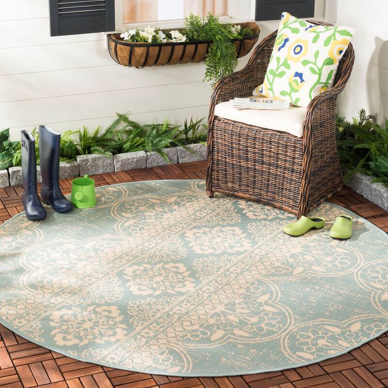 SAFAVIEH Beach House Belina Indoor/ Outdoor Waterproof Patio Backyard Rug - 6'7" Round - Cream/Aqua