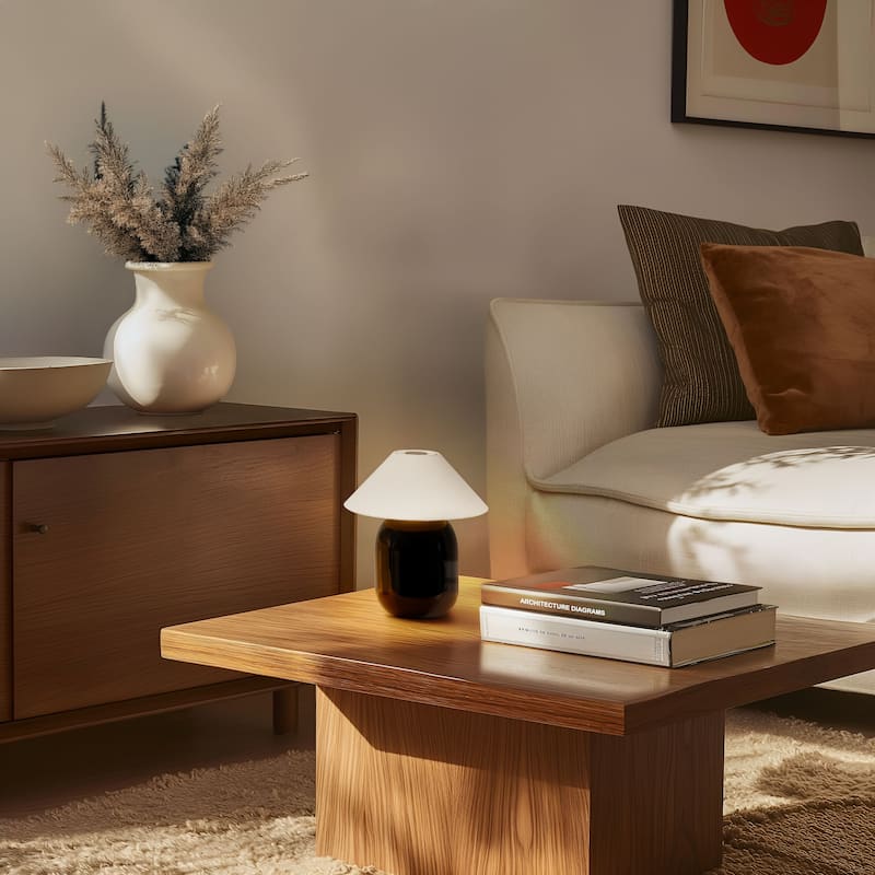 Ren LED 7.87 in Glossy Black Midcentury Modern Urn Dimmable Cordless Portable Rechargeable Bedside Nightstand Desk Lamp