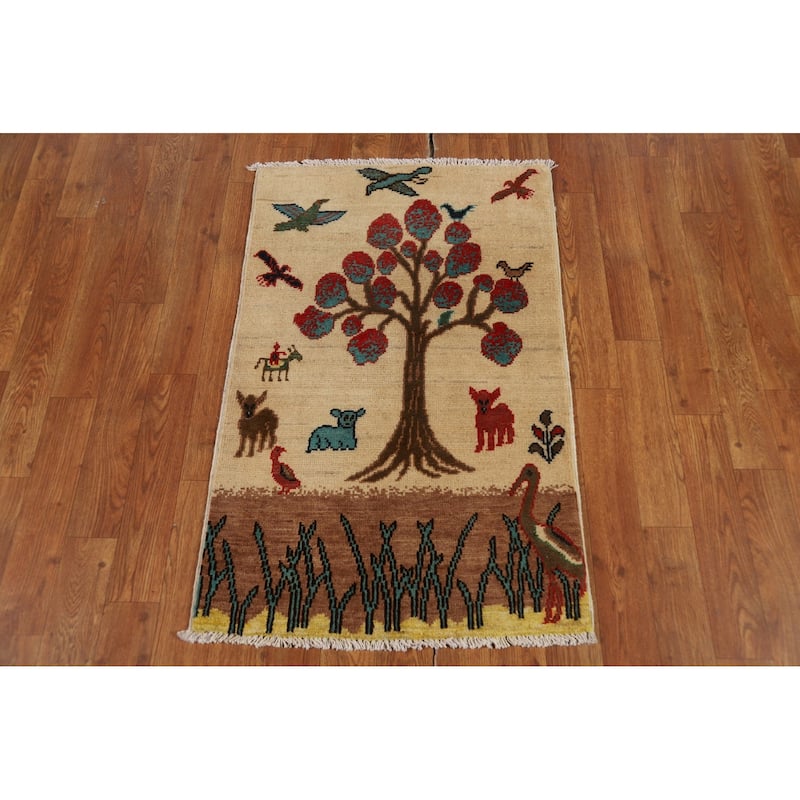 Animals Pictorial Kazak Oriental Foyer Rug Handmade Beige Wool Carpet - 2'0" x 3'0"