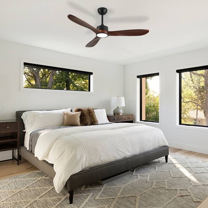 52 Inch Ceiling Fan with Light, 3 Solid Wood Blades,Remote Control,6-speed Reversible DC Motor - Black,Walnut