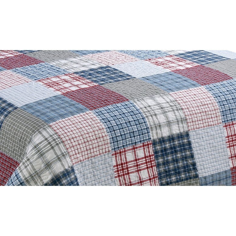 Marina Decoration Navy Blue Red Grey and Silver Plaid King Quilt Set