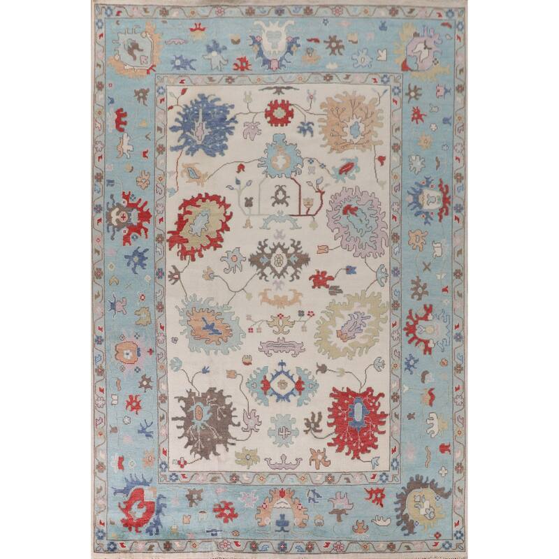 Ivory & Blue Oushak Indian Large Area Rug Handmade Wool Carpet - 10'1"x 13'10"