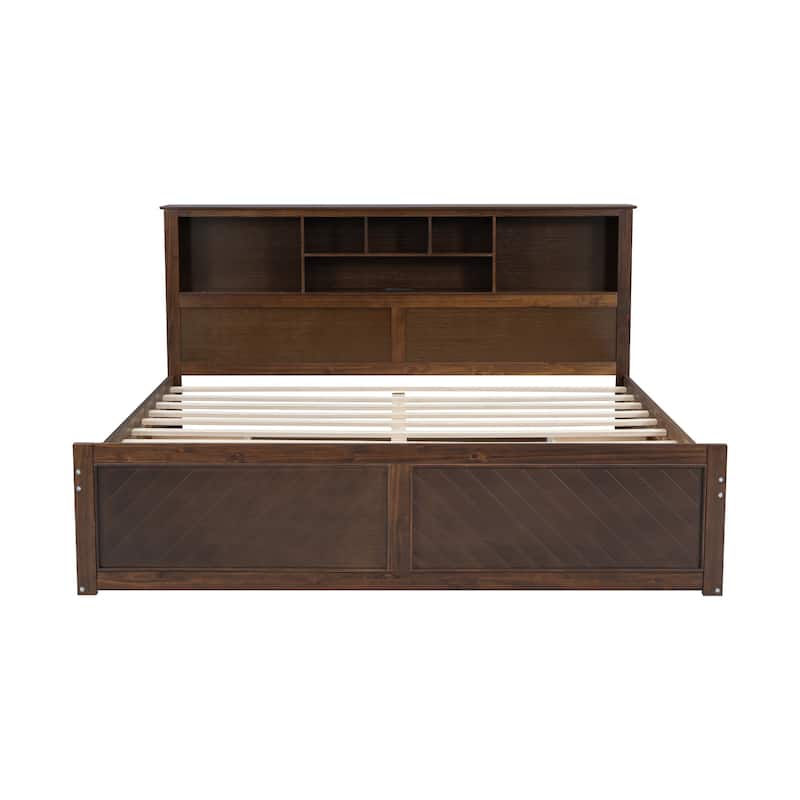 King Size Wood Platform Bed with Multi-storage Headboard, USB and Drawers