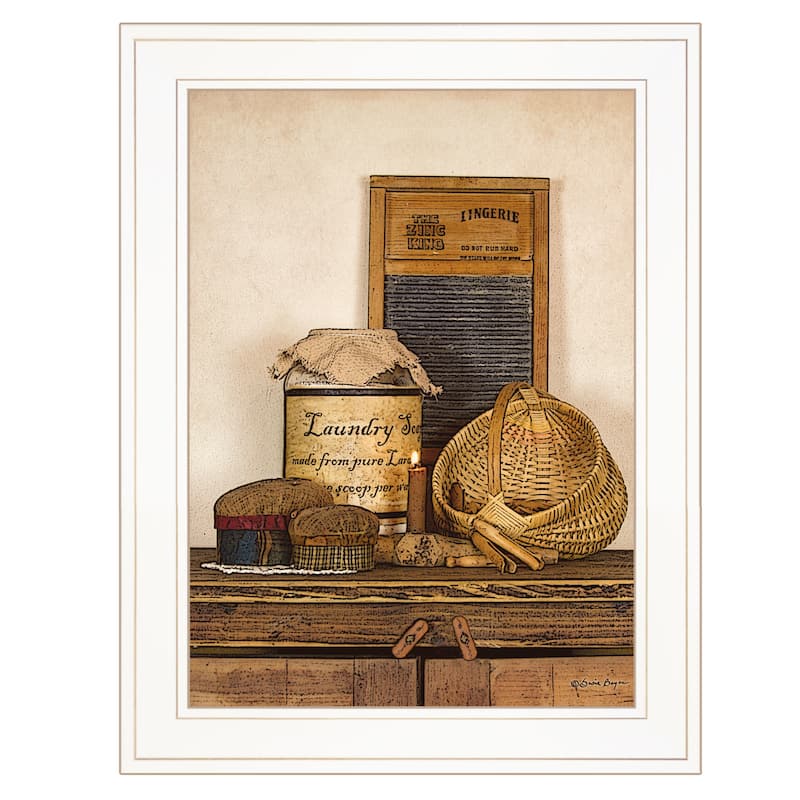 TrendyDecor4U Traditional "Laundry Soap" Framed Print Wall Art by Susie Boyer - Brown, Tan, White, Blue, Gray, Green White - White