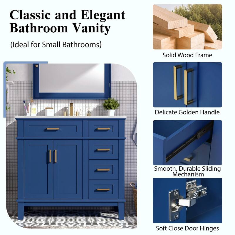 36" Modern Bathroom Vanity with Ceramic Sink, Soft Close Doors, 4 Drawers for Storage