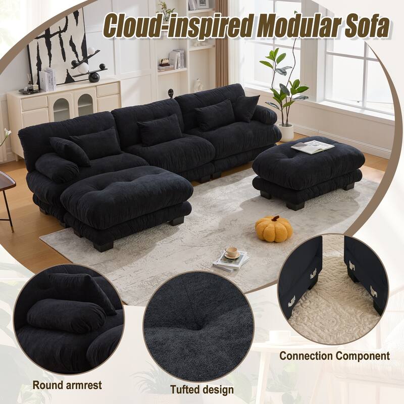 118'' Large U Shape Sofa Velvet Modular Sofa with 2 Ottomans for Living Room