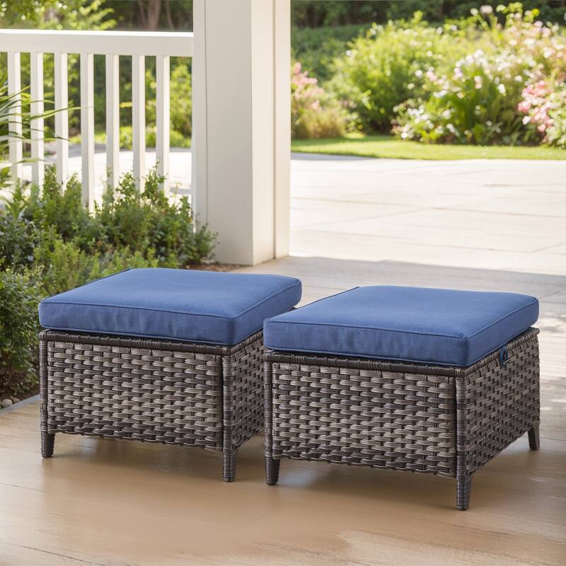 2 Wicker Ottomans Multipurpose Outdoor Footrest - Grey - Blue