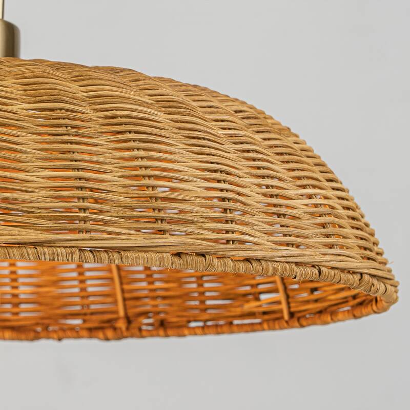 1-Light Modern Farmhouse Dome Straw Hat Hand Woven Chandelier with Natural Rattan Shade - Brass - 18.11" W × 9.06" H