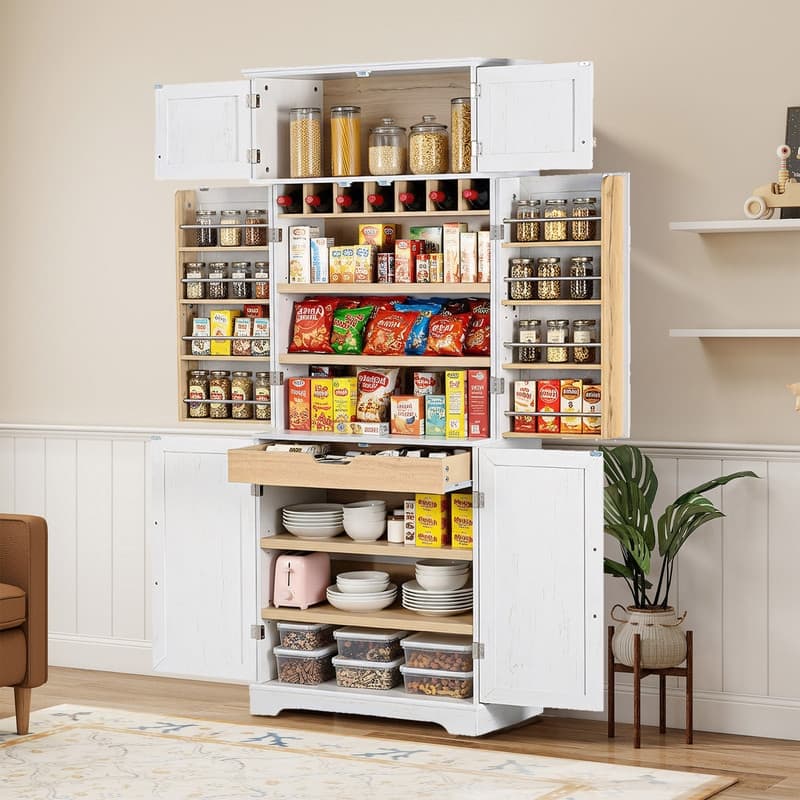 Farmhouse 78.2" Tall Kitchen Pantry Cabinet with Door Shelves, Adjustable Shelves and Hidden Drawer