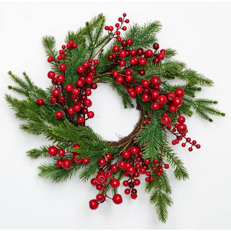 20" Red Berries & Cedar Wreath - Multicolor