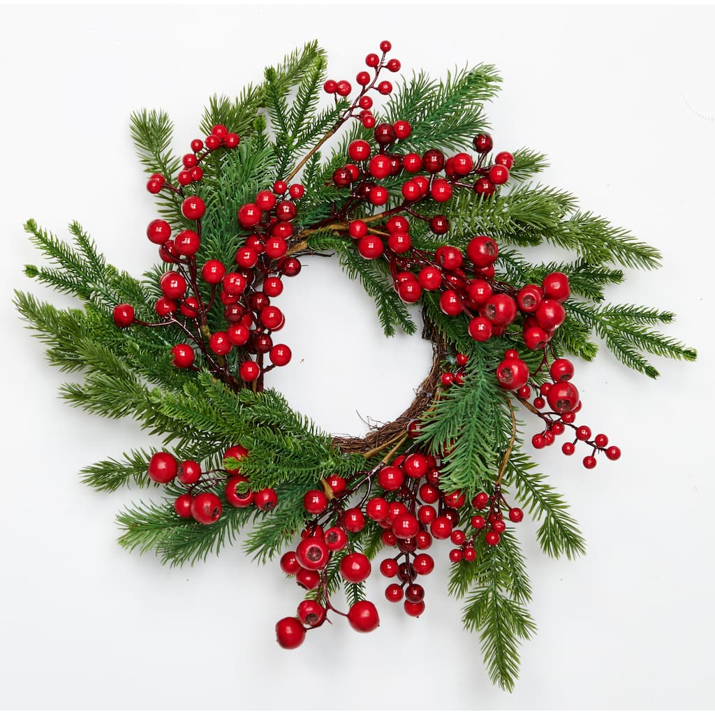 20" Red Berries & Cedar Wreath - Multicolor