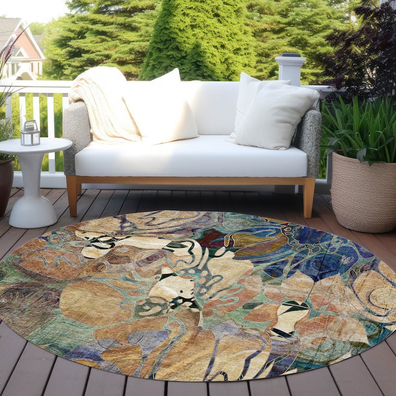 Machine Washable Indoor/ Outdoor Modern Floral Chantille Rug - 8' x 8' - Beige