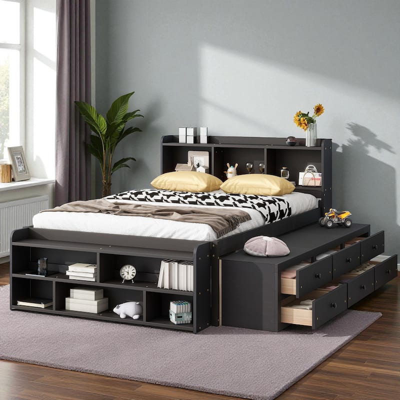 Full Size Wooden Storage Bed with Bookcase Headboard, 6 Drawers, and Bed-End Storage Case