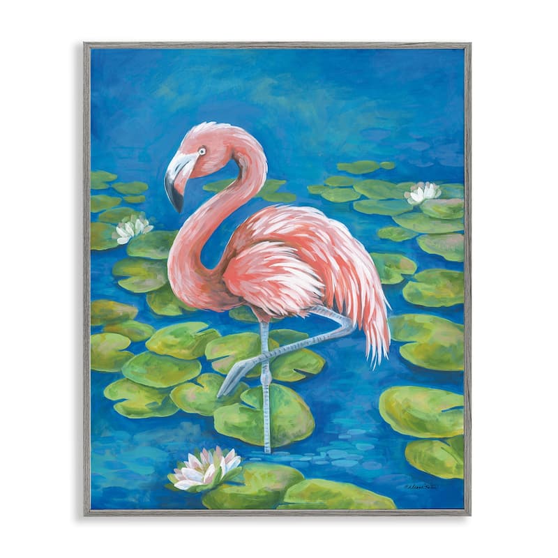 Stupell Balancing Flamingo & Lily Pads Framed Giclee Art Design By Diane Kater - 11 x 14 - Grey