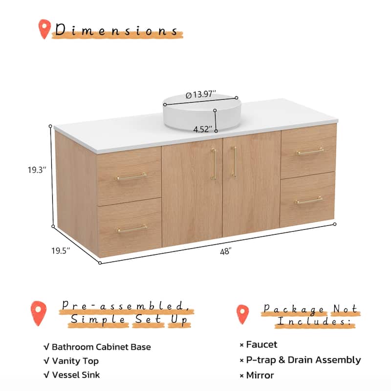Prismella 36" 48" Floating Vanity with Round Vessel Sink, Quartz Top