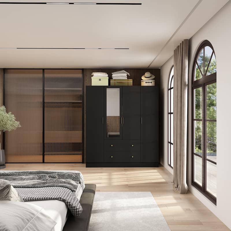 Wardrobe Armoire Wooden Closet with Mirror Storage Cubes Hanging Rod