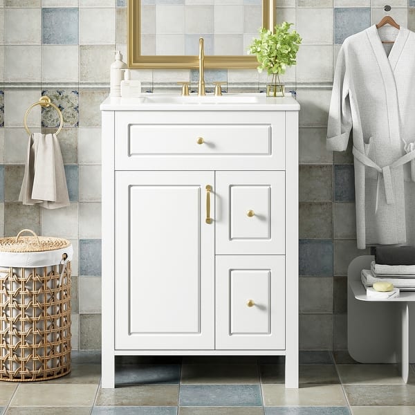 slide 2 of 55, GDFStudio - Cielo 24" Bathroom Vanity with Ceramic Sink, 2 Soft Close Drawers, Door & Storage Racks