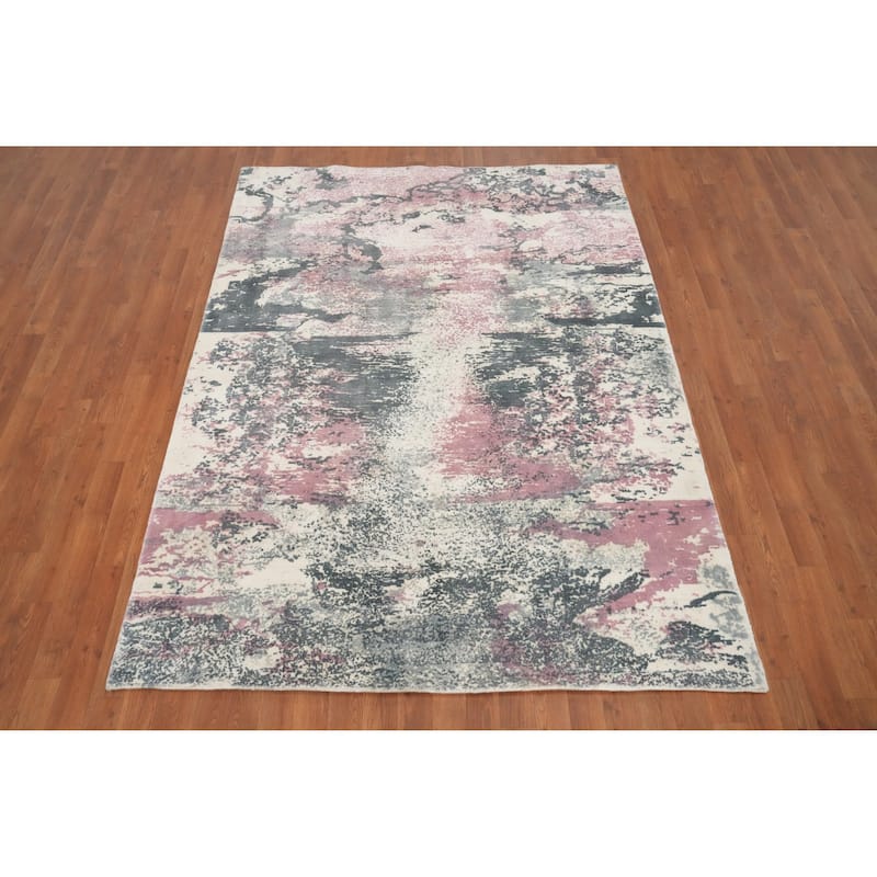 Hand Knotted Oriental Viscose Silk Carpet Modern Pictorial Multi-Colored Abstract Area Rug - 7' 2'' X 5' 4''