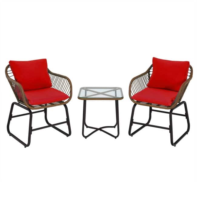 3 Pieces Patio Rattan Bistro Set Cushioned Chair Glass Table Deck - 22'' x 24.5'' x 31'' (L x W x H)