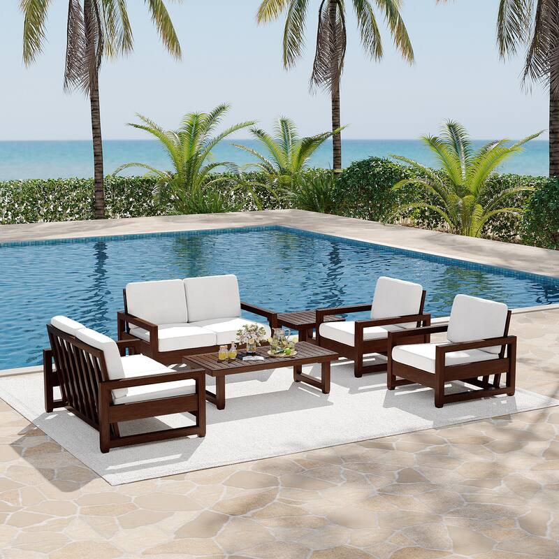 7-Piece Outdoor Teak Wood Conversation Set with Loveseat, Chairs and Tables