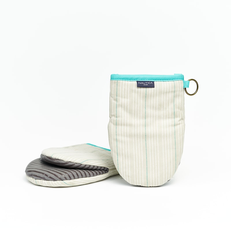 Nautica Home Neutral Striped 100% Cotton Mini Oven Mitt With Silicone Palm (Set of 2)