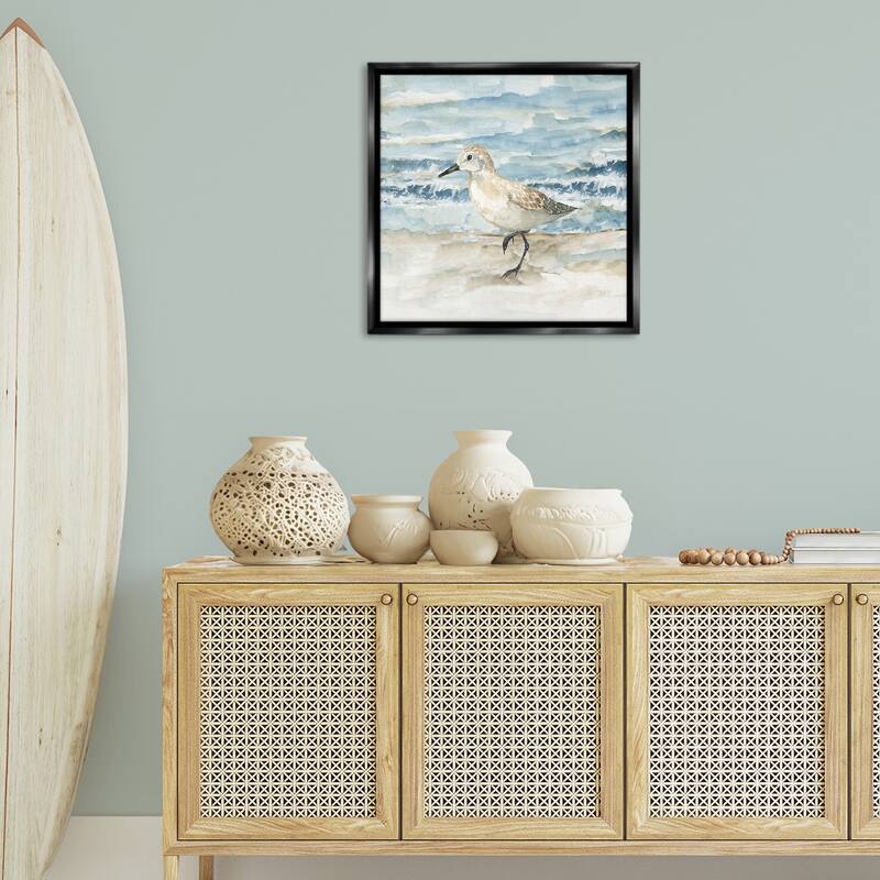 Stupell Balancing Sandpiper on Shore Framed Floater Canvas Wall Art Design By Nan