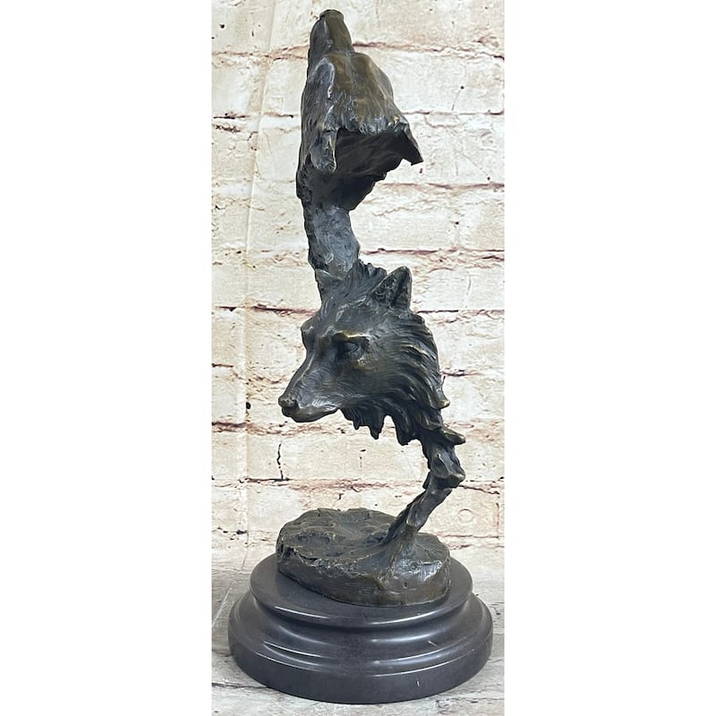 Signed Original Kanaev Two Wolves Imitative Wolf Head Wildlife Bust Bronze Sculpture Gift