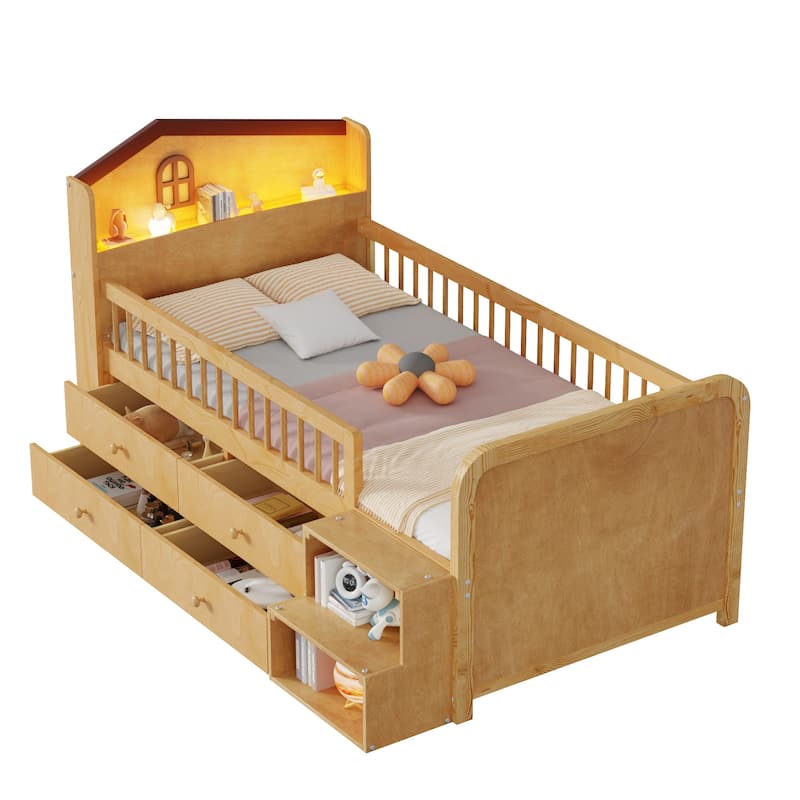 Wooden Low Loft Bed Frame, Twin Size Loft Bed, House Shaped Headboard with LED, Kids Twin Loftbed Frame with 4 Storage Drawers