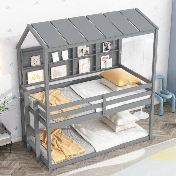 slide 2 of 23, Twin House Loft Bed wSemi-Enclosed Roof, Bedside Built-in Book Shelves Gray - Twin