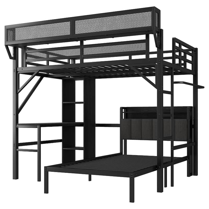 Full over Twin Metal Bunk Bed with Desk and Bookshelves,Detachable Metal Bunk Bed with LED and Charge Station