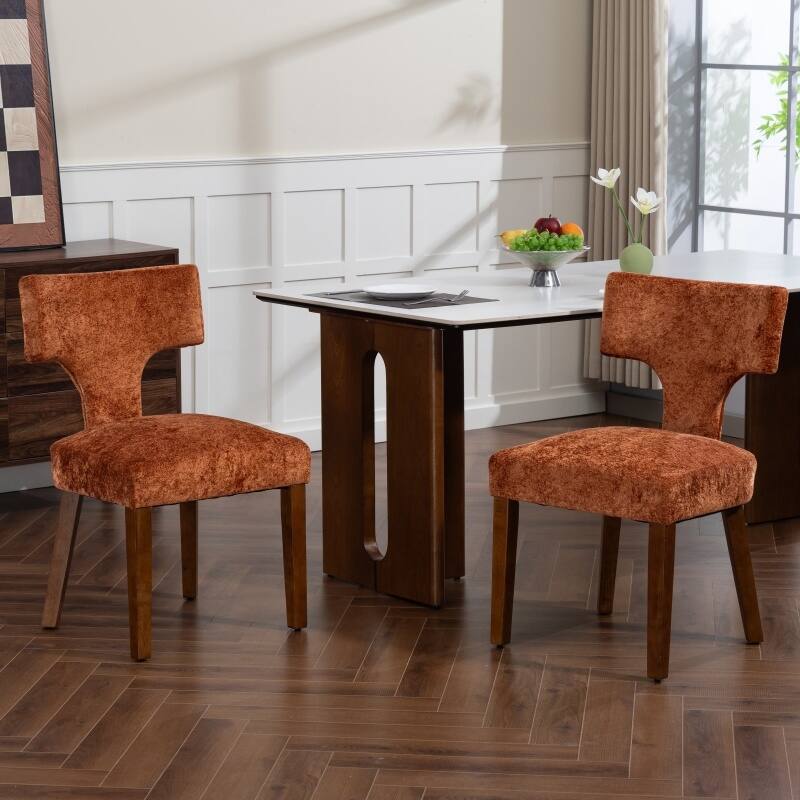 Dining Chairs Set of 2, Farmhouse Chenille Upholstered Accent Chair, Kitchen Chairs with Hardwood Frame - Orange