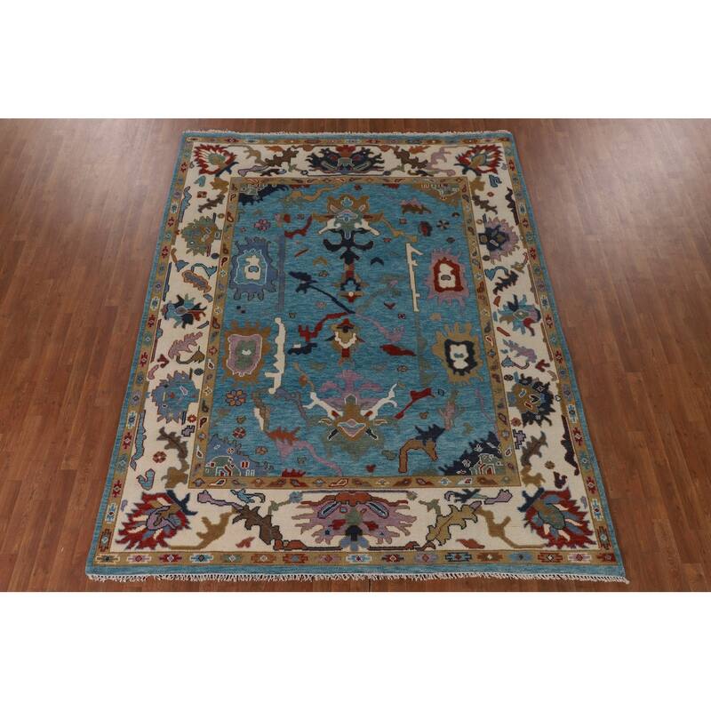 Blue Floral Oushak Oriental Area Rug Handmade Dining Room Wool Carpet - 7'10"x 9'10"