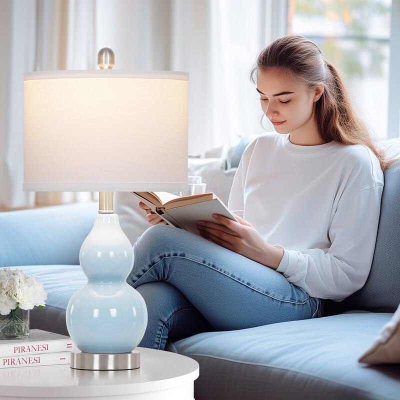 22'' Modern Blue Ceramic Table Lamp with Nickel Accents and Linen Drum Shade(Set of 2) - 11'' x 11'' x 22''