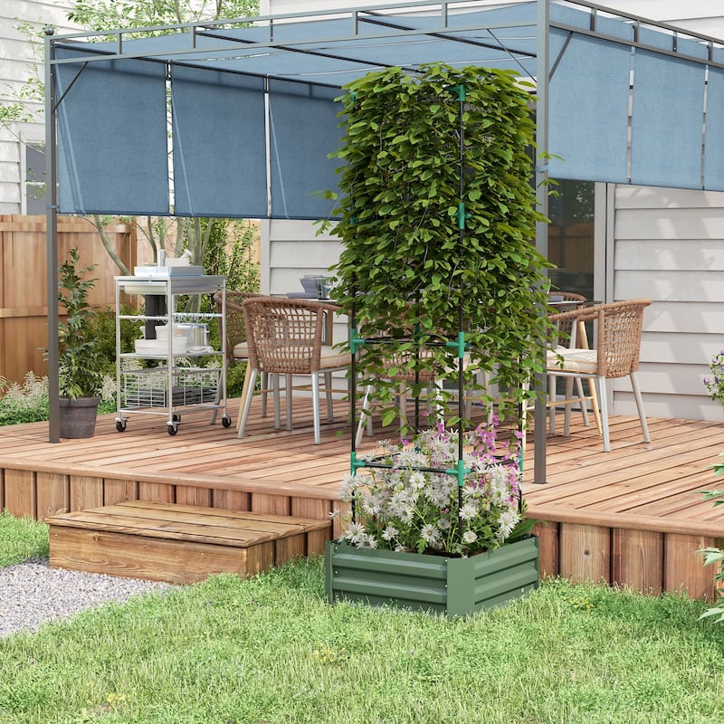 Outsunny Galvanized Raised Garden Bed, 24" x 24" x 11.75" Outdoor Planter Box with Trellis Tomato Cage and Open Bottom
