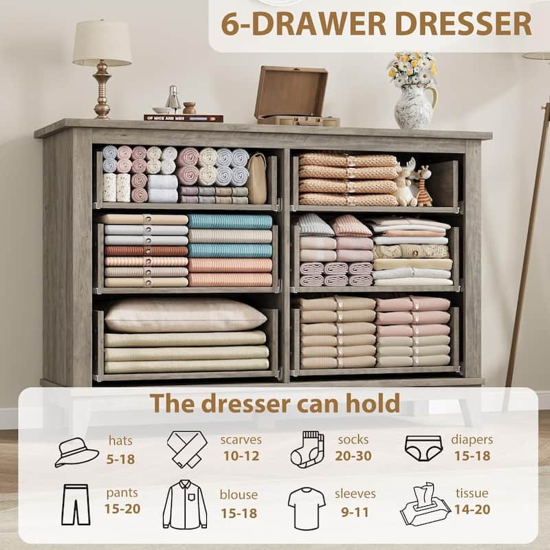 47" Wide Freestanding 6 Drawer Dresser for Living Room, Bedroom, Entryway