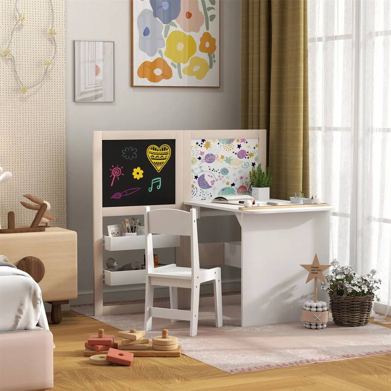 3-in-1 Children's Art Desk and Chair Set with Whiteboard-Blackboard and Storage Shelf - 32.1" L x 43.9" W x 40.3" H