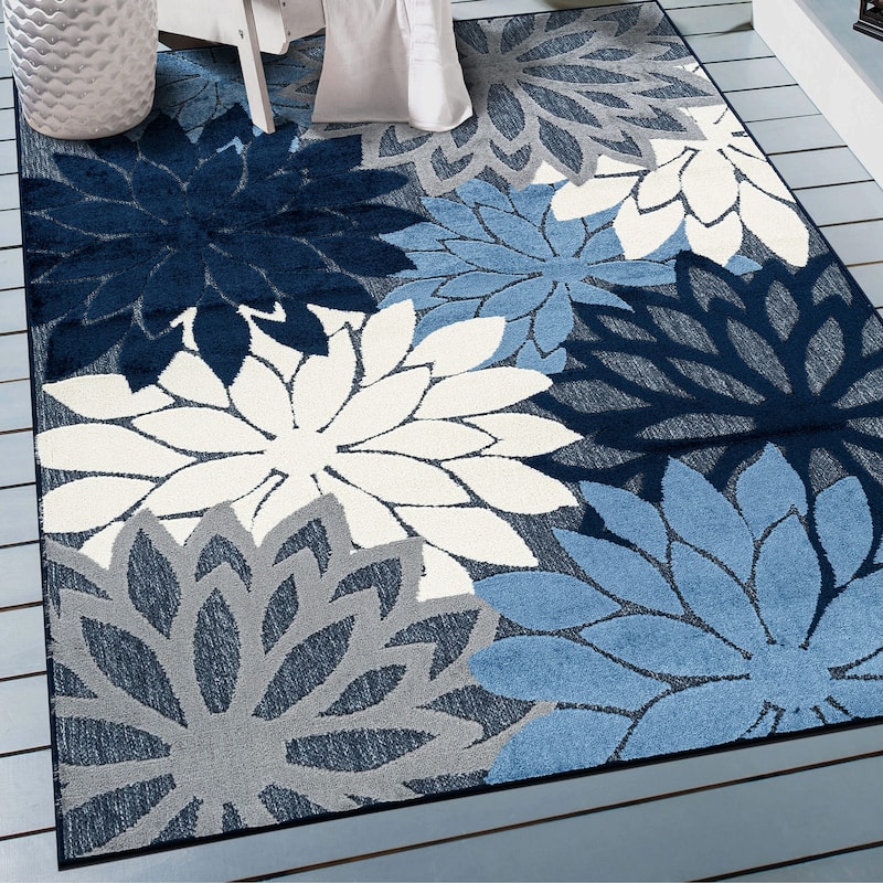 World Rug Gallery Indoor/Outdoor High-Low Textured Area Rug, Floral Easy-Clean Patio Rug - 4' x 6' - Navy