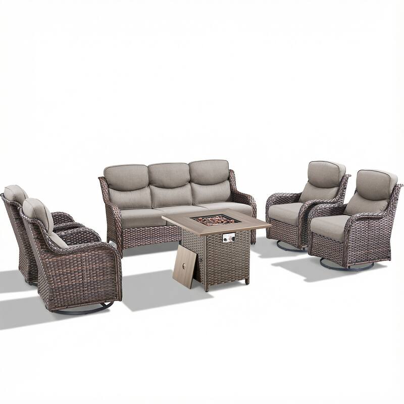 Pocassy Outdoor Propane Fire Table w/ Sofa Swivel Chair Ottoman Funiture Set.