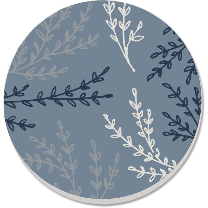 Blue Branches 4 Pack Absorbent Stone Coaster with Protective Cork Backing Made in The USA 4" Round, Blue & White, Wipes Clean - Multi
