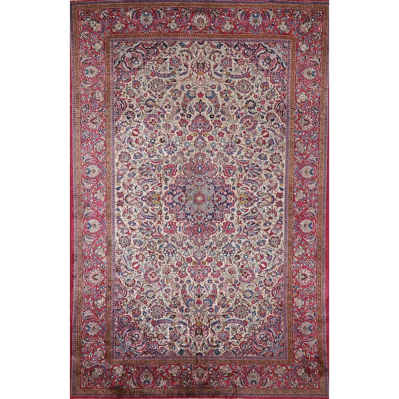 Hand Knotted Oriental Silk Carpet Traditional Floral Beige & Ivories Kashan Area Rug - 6' 7'' X 4' 2''
