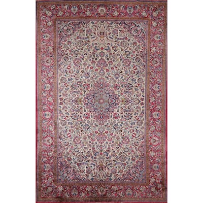 Hand Knotted Oriental Silk Carpet Traditional Floral Beige & Ivories Kashan Area Rug - 6' 7'' X 4' 2''