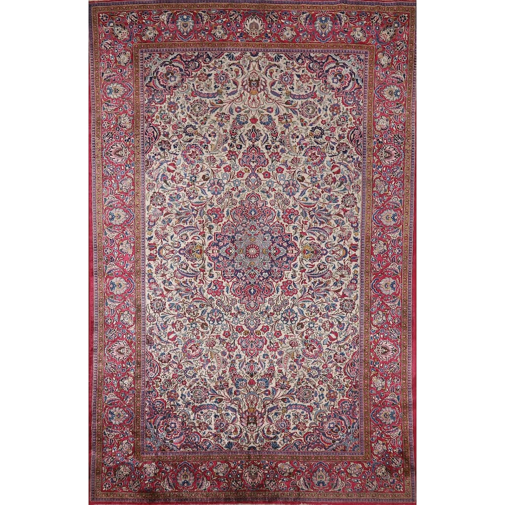 Hand Knotted Oriental Silk Carpet Traditional Floral Beige & Ivories Kashan Area Rug - 6' 7'' X 4' 2''