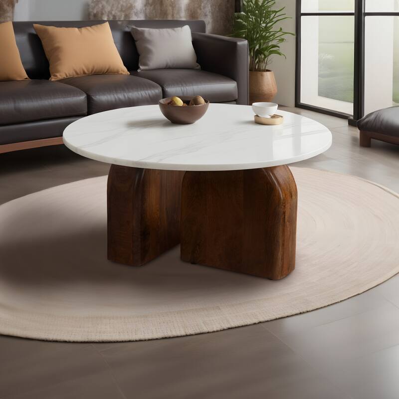 Modern 36" Round Coffee Table - Solid Mango Wood Base and Real White Marble Top, Natural Dark Finish